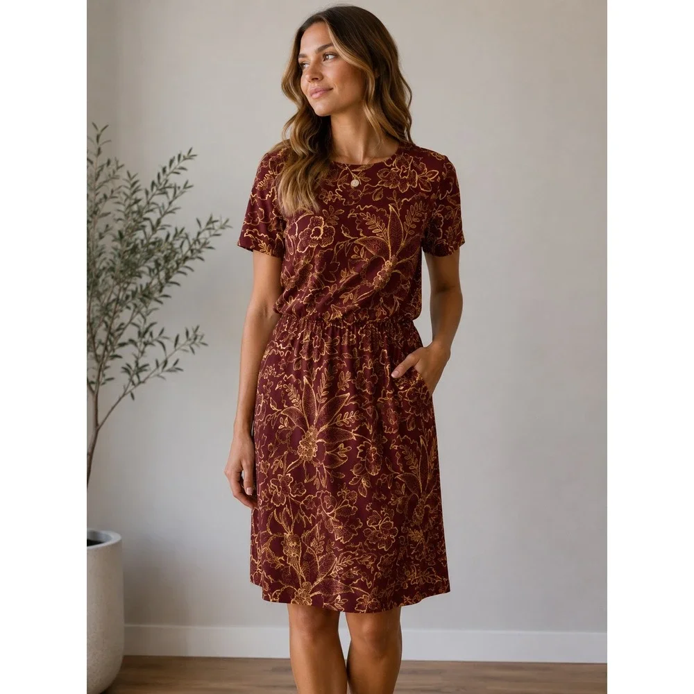 Leslie Fay Petite‎ Vintage 80s Floral Sheath Dress Burgundy Gold Size 6P